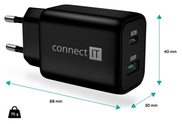 CONNECT IT Wanderer2 GaN nabíjecí adaptér 1×USB-C + 1xUSB-A,  33W PD,  černá2