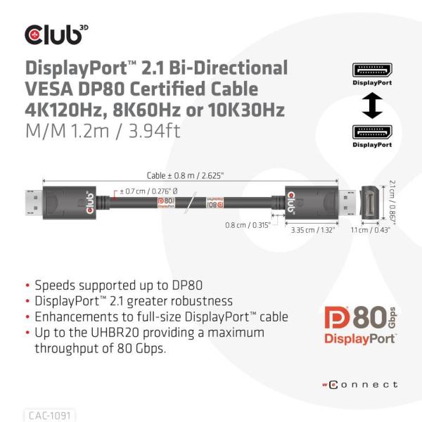 Club3D Kabel DisplayPort 2.1 na DisplayPort 2.1 VESA DP80,  4K240Hz/ 8K60Hz/ 10K30Hz HDR (M/ M),  1.2m,  černá2