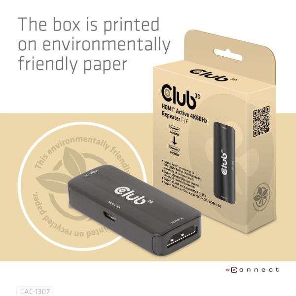 Club3D Adaptér aktivní HDMI 4K60Hz (F/ F),  černá4