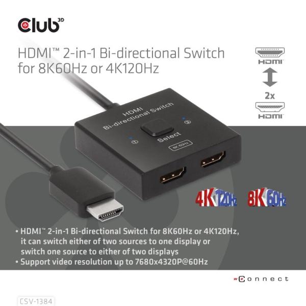 Club3D Switch,  HDMI na 2xHDMI Oboustranný 2v1,  8K60Hz,  4K120Hz0