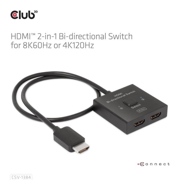 Club3D Switch,  HDMI na 2xHDMI Oboustranný 2v1,  8K60Hz,  4K120Hz3