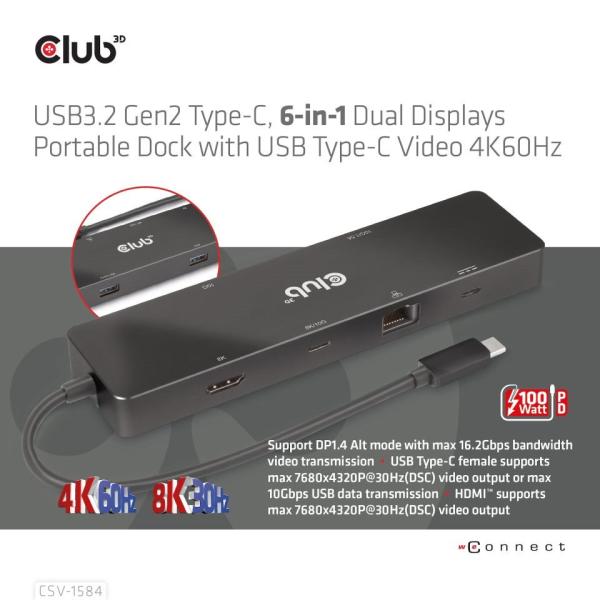 Club 3D dokovací stanice USB-C 3.2 Gen1 6in1 Hub 1x USB-C Video 4K60Hz,  1x HDMI 4K60Hz,  2x USB-A,  USB-C PD 100W,  RJ453