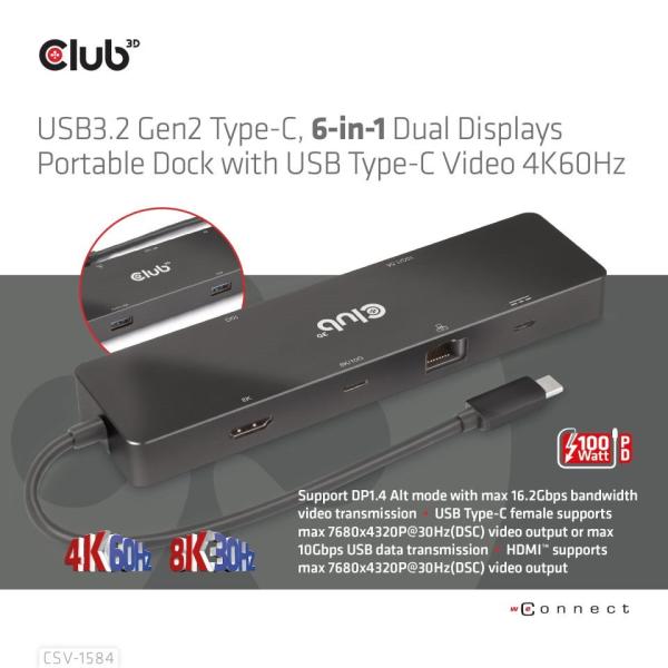 Club 3D Dokovací stanice USB-C 6v1,  1xHDMI,  1xUSB-C PD 100W,  2x USB,  1xRJ45,  černá1