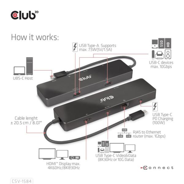 Club 3D dokovací stanice USB-C 3.2 Gen1 6in1 Hub 1x USB-C Video 4K60Hz,  1x HDMI 4K60Hz,  2x USB-A,  USB-C PD 100W,  RJ451