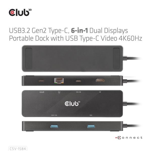 Club 3D dokovací stanice USB-C 3.2 Gen1 6in1 Hub 1x USB-C Video 4K60Hz,  1x HDMI 4K60Hz,  2x USB-A,  USB-C PD 100W,  RJ454