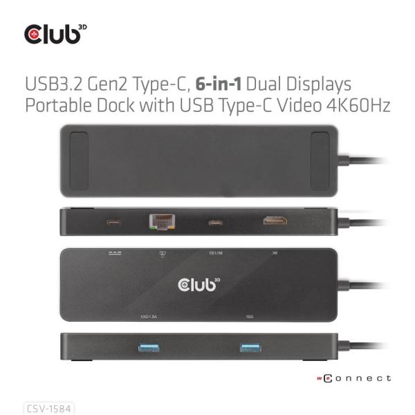 Club 3D Dokovací stanice USB-C 6v1,  1xHDMI,  1xUSB-C PD 100W,  2x USB,  1xRJ45,  černá4