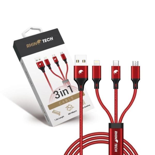 RhinoTech nabíjecí a datový kabel 3v1 USB-A (MicroUSB + Lightning + USB-C) 1, 2m červená
