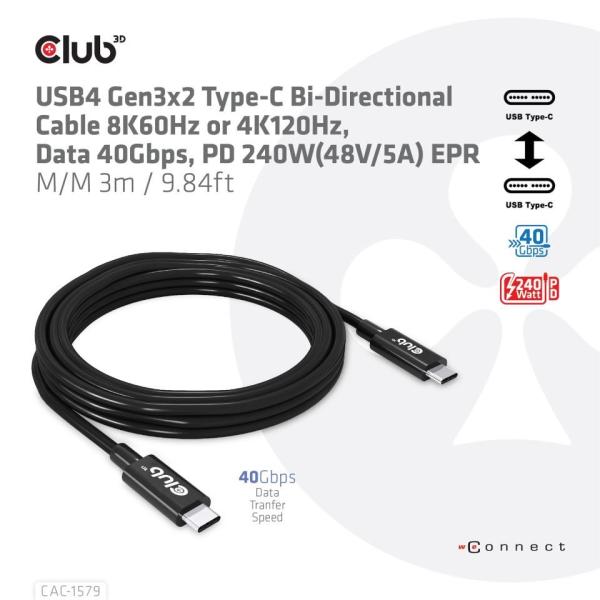 Club3D Kabel USB4 Gen3x2 Typ C 8K60Hz UHD Power Delivery 240W,  (M/ M),  300cm3
