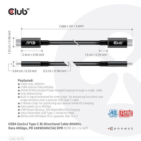 Club3D Kabel USB4 Gen3x2 Typ C 8K60Hz UHD Power Delivery 240W,  (M/ M),  300cm0