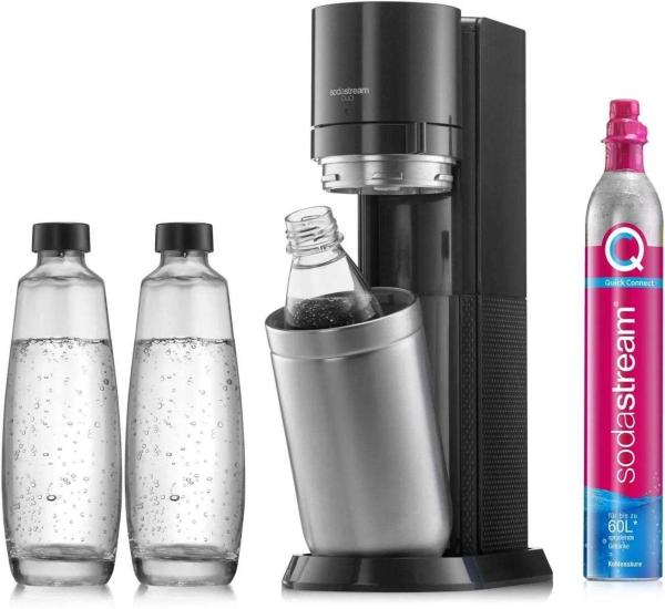 SodaStream Duo Titan Promo-Pack výrobník sody,  2 skleněné láhve,  1 plastová láhev,  bombička s CO2,  černý