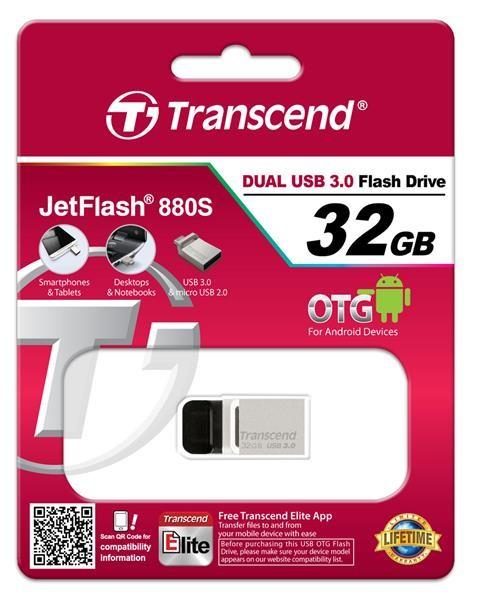 TRANSCEND Flash disk 32GB JetFlash®880S,  USB 3.0/ micro USB (R:90/ W:20 MB/ s) strieborná9