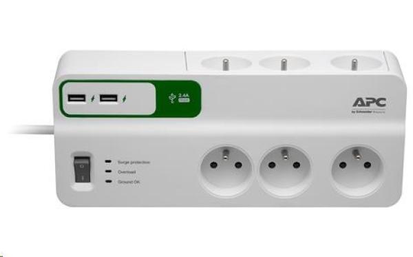 APC Essential SurgeArrest 6 zásuviek s 5 V,  2.4A 2-portová USB nabíjačka,  230V Francúzsko,  2m