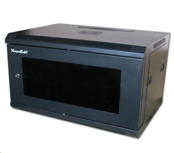 XtendLan 19" nástěnný rozvaděč 6U 600x450,  nosnost 60 kg,  skleněné kouřové dveře,  svařovaný,  černý