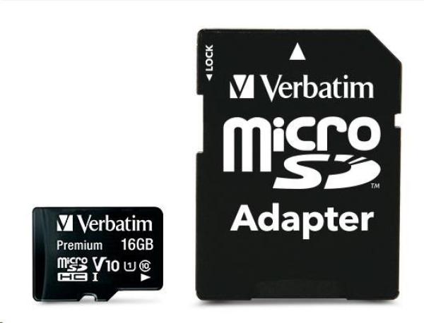 Karta VERBATIM MicroSDHC 16GB Premium,  U1 + SD adaptér1