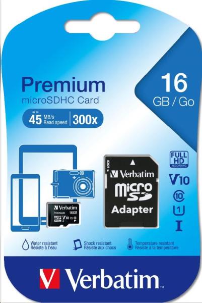 Karta VERBATIM MicroSDHC 16GB Premium,  U1 + SD adaptér2