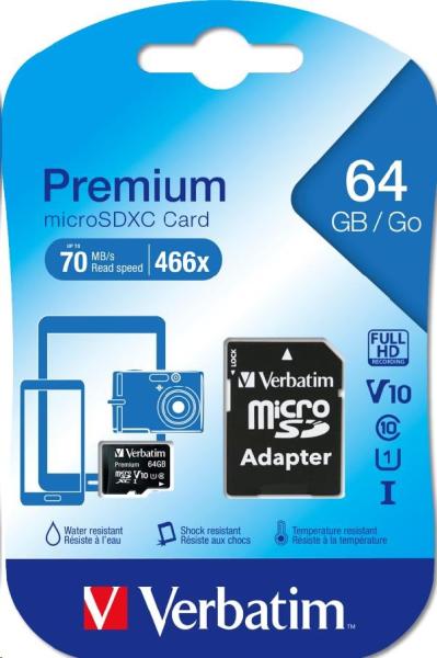 VERBATIM MicroSDXC karta 64GB Premium,  U1 + adaptér1