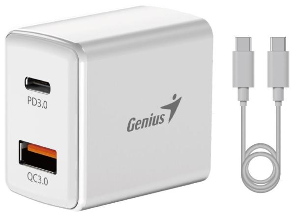 GENIUS nabíjecí set PD-20ACP,  20W,  rychlé nabíjení,  USB-C PD3.0,  USB-A QC3.0,  1m kabel USB-C USB-C,  bílá