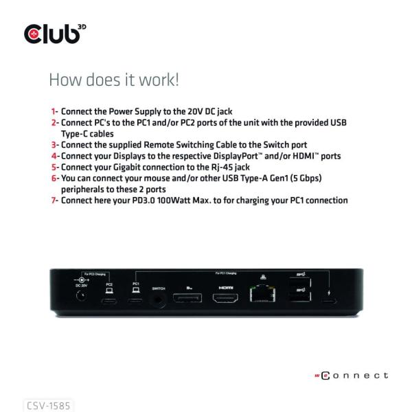 Club3D Dokovací stanice USB-C 10v1,  1xDP,  1xHDMI,  3xUSB-C,  3xUSB,  1xRJ45,  1x3.5mm,  černá4