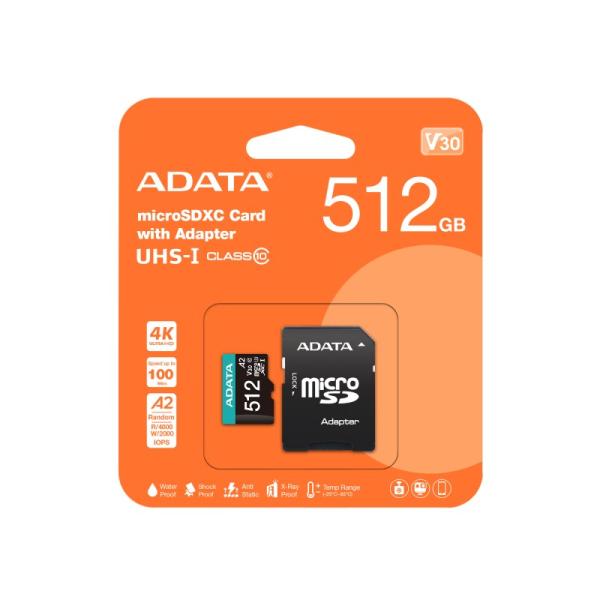 ADATA MicroSDXC karta 512GB Premier Pro UHS-I V30S (R:100/ W:80 MB/ s) + SD adaptér2
