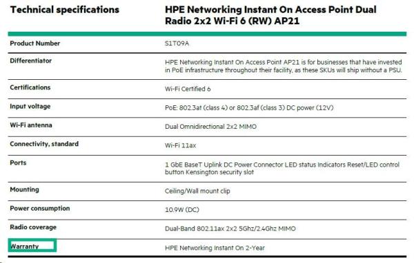 HPE Networking Instant On AP21 (RW) Dual Radio 2x2 Wi-Fi 6 Access Point (S1T09A)2