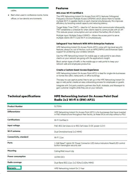 HPE Networking Instant On AP21 (RW) Dual Radio 2x2 Wi-Fi 6 Access Point (S1T09A)4