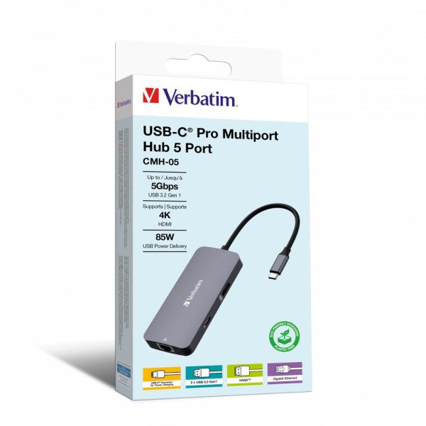 VERBATIM Hub USB-C Pro Multiport 5 Port,  2x USB 3.2,  1x USB-C,  HDMI,  RJ45,  šedá3