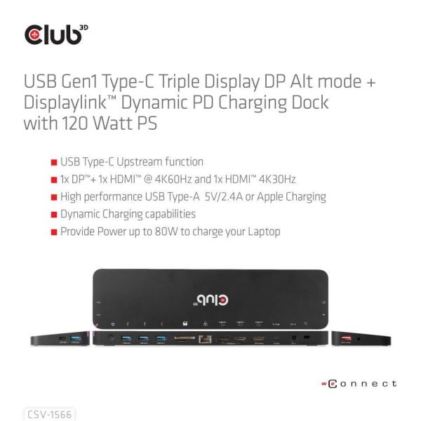 BAZAR - Club3D Dokovací stanice USB-C,  Triple Display DP Alt mode Displaylink Dynamic PD Charging Dock with 120 Watt PS3
