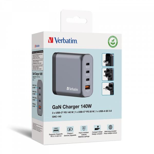 VERBATIM GaN Nabíječka do sítě GNC-140,  140W,  3x USB-C,  1x USB5