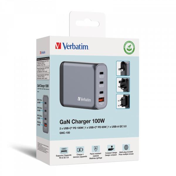 VERBATIM GaN Nabíječka do sítě GNC-100,  100W,  3x USB-C,  1x USB5