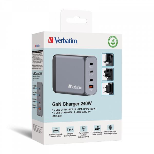 VERBATIM GaN Nabíječka do sítě GNC-240,  240W,  3x USB-C,  1x USB5