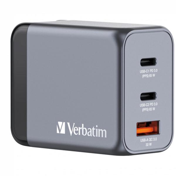 VERBATIM GaN Nabíječka do sítě GNC-65,  65W,  2x USB-C,  1x USB3