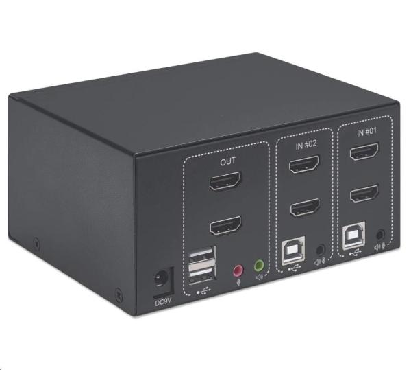 Bazar - Manhattan HDMI přepínač,  2-Port Dual-Monitor HDMI KVM Switch,  4K@30Hz,  černá - Poškozený obal1