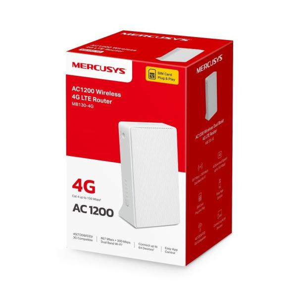 Mercusys MB130-4G WiFi5 router (AC1200,  4G LTE,  2, 4GHz/ 5GHz,  1x100Mb/ s LAN/ WAN, 1x100Mb/ s LAN, 1xnanoSIM)4