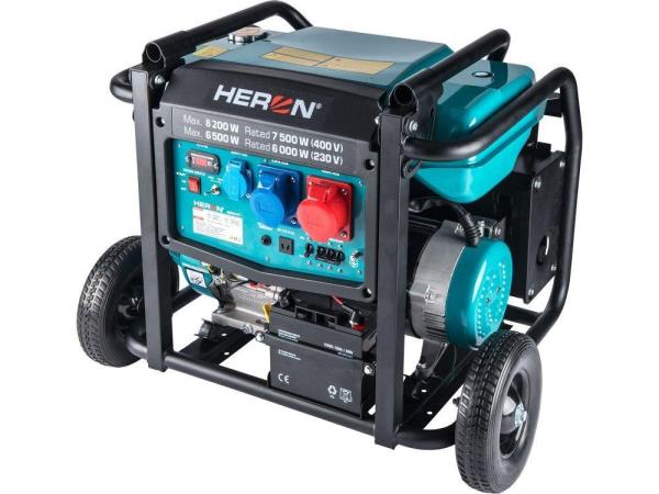 HERON 8896147 elektrocentrála benzínová 17HP/ 8, 2kW/ 10, 25kVA (400V),  6, 5kW (230V),  podvozek,  elektrický start