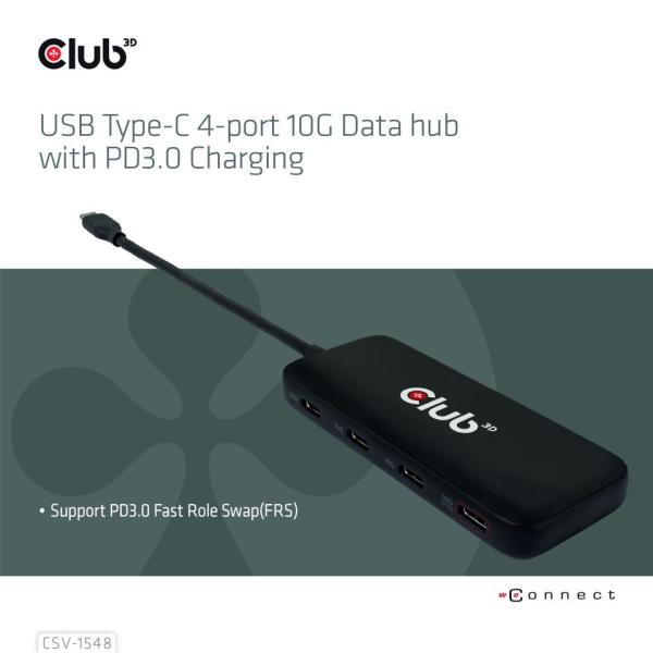 Club3D hub 1xUSB-C na 4xUSB-C,  10Gbps port,  PD 3.01