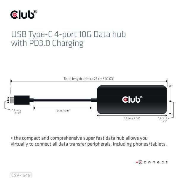 Club3D hub 1xUSB-C na 4xUSB-C,  10Gbps port,  PD 3.02