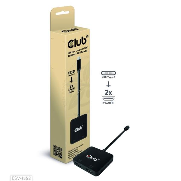 Club3D Video hub MST USB-C na 2xHDMI + USB-C PD 3.0,  4K60Hz