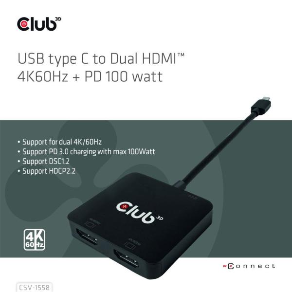 Club3D Video hub MST USB-C na 2xHDMI + USB-C PD 3.0,  4K60Hz1