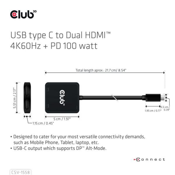 Club3D Video hub MST USB-C na 2xHDMI + USB-C PD 3.0,  4K60Hz2