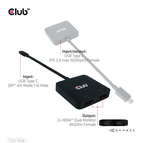 Club3D Video hub MST USB-C na 2xHDMI + USB-C PD 3.0,  4K60Hz4