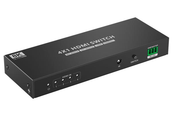 PremiumCord HDMI switch 4:1 s podporou rozlišení 8K@60Hz, 4K@120Hz,  1080P,  HDR,  s dálkovým ovladačem