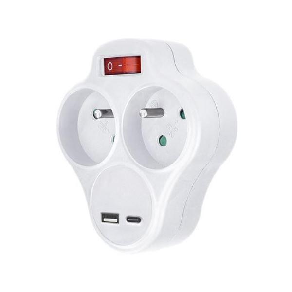 Solight rozbočka s USB A+C rychlonabíječkou 20W PD,  2 x 10A,  bílá,  vypínač