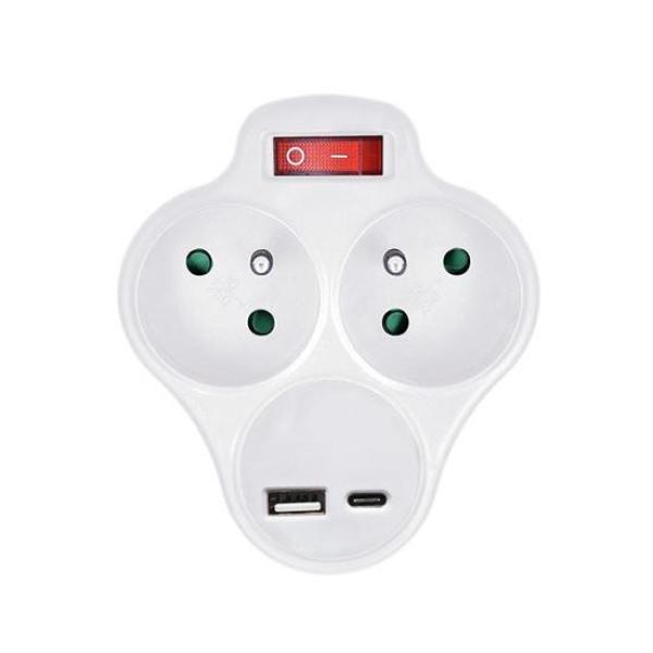 Solight rozbočka s USB A+C rychlonabíječkou 20W PD,  2 x 10A,  bílá,  vypínač1