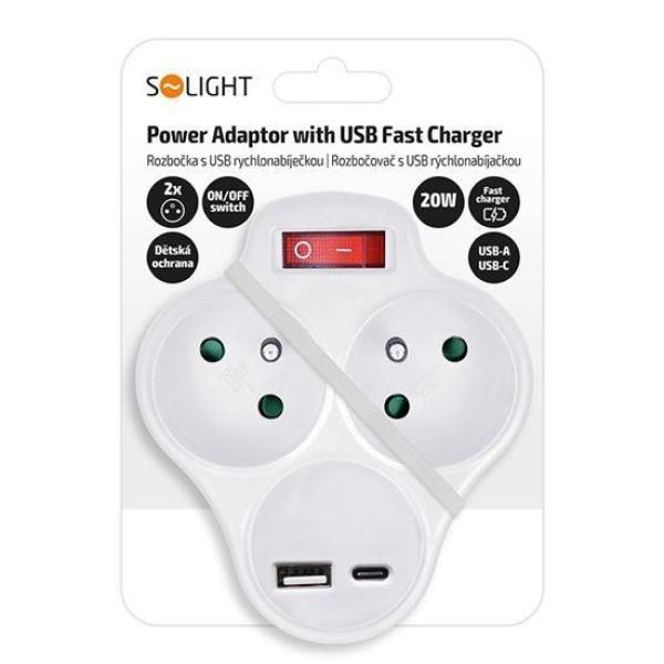 Solight rozbočka s USB A+C rychlonabíječkou 20W PD,  2 x 10A,  bílá,  vypínač3
