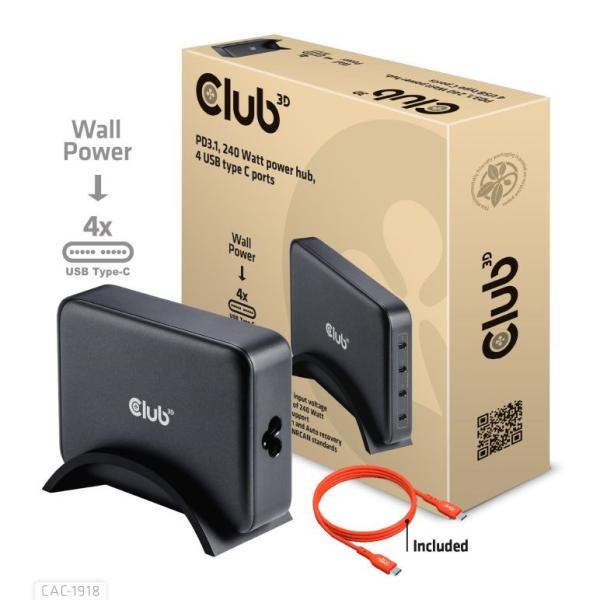 Club3D cestovní nabíječka 240W GaN technologie,  4xUSB-C,  PPS + PD 3.1 Support