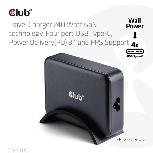 Club3D cestovní nabíječka 240W GaN technologie,  4xUSB-C,  PPS + PD 3.1 Support3