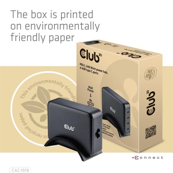 Club3D cestovní nabíječka 240W GaN technologie,  4xUSB-C,  PPS + PD 3.1 Support7
