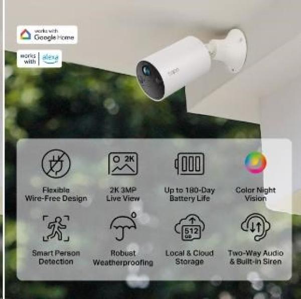 TP-Link Tapo C410 venkovní kamera (3MP, 2K QHD, 1296p, IR 9m, WiFi, micro SD card, IP65)3