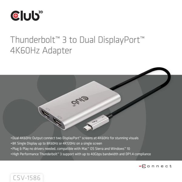 Club3D Video hub Thunderbolt 3 na 2x DP,  Dual 4K60Hz nebo Single 8K60Hz/ 4K120Hz5