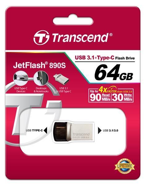 TRANSCEND Flash disk 64GB JetFlash®890S OTG,  USB 3.1 typ C/ A (R:90/ W:30 MB/ s) strieborná7